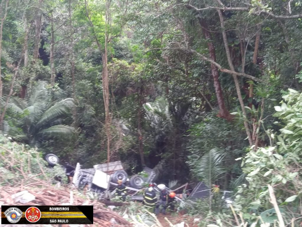 Caminhão cai em ribanceira na Rio-Santos em São Sebastião