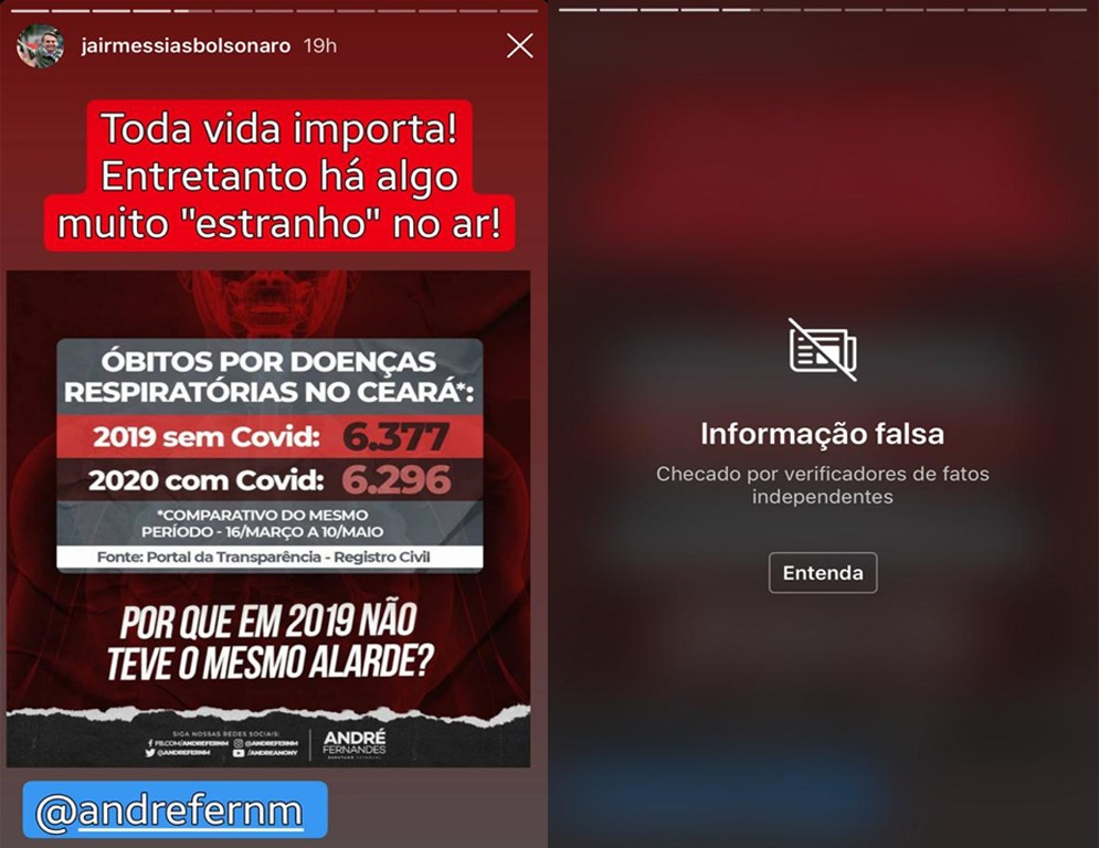 Bolsonaro publica informação falsa sobre mortes por Covid-19 e post é bloqueado por Instagram