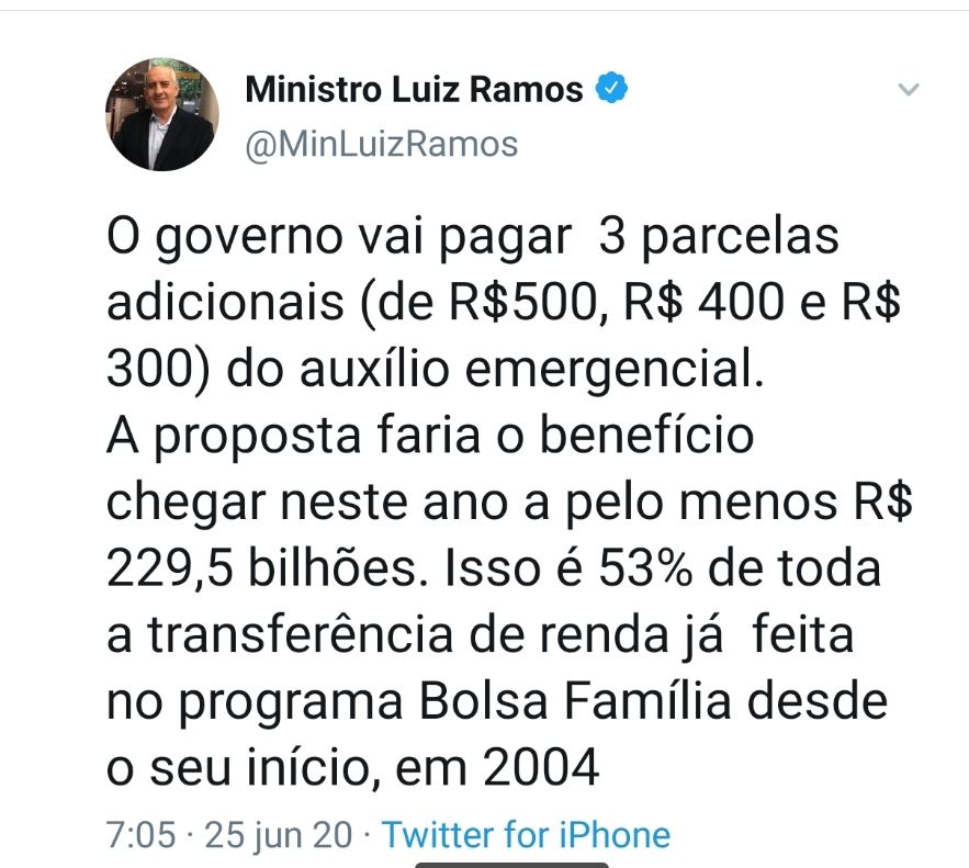 Ministro da Secretaria de Governo publica e depois apaga informações sobre prorrogação do auxílio emergencial