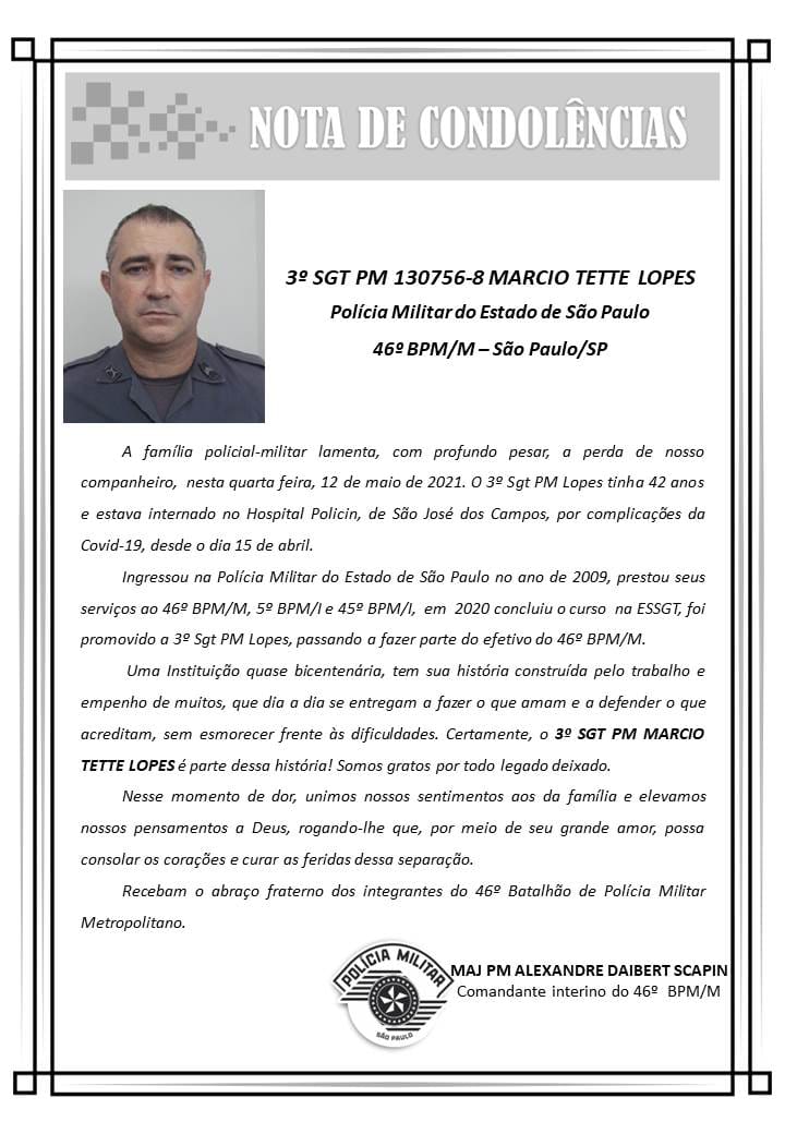 Polícia Militar morre após complicações da Covid-19 em São José dos Campos