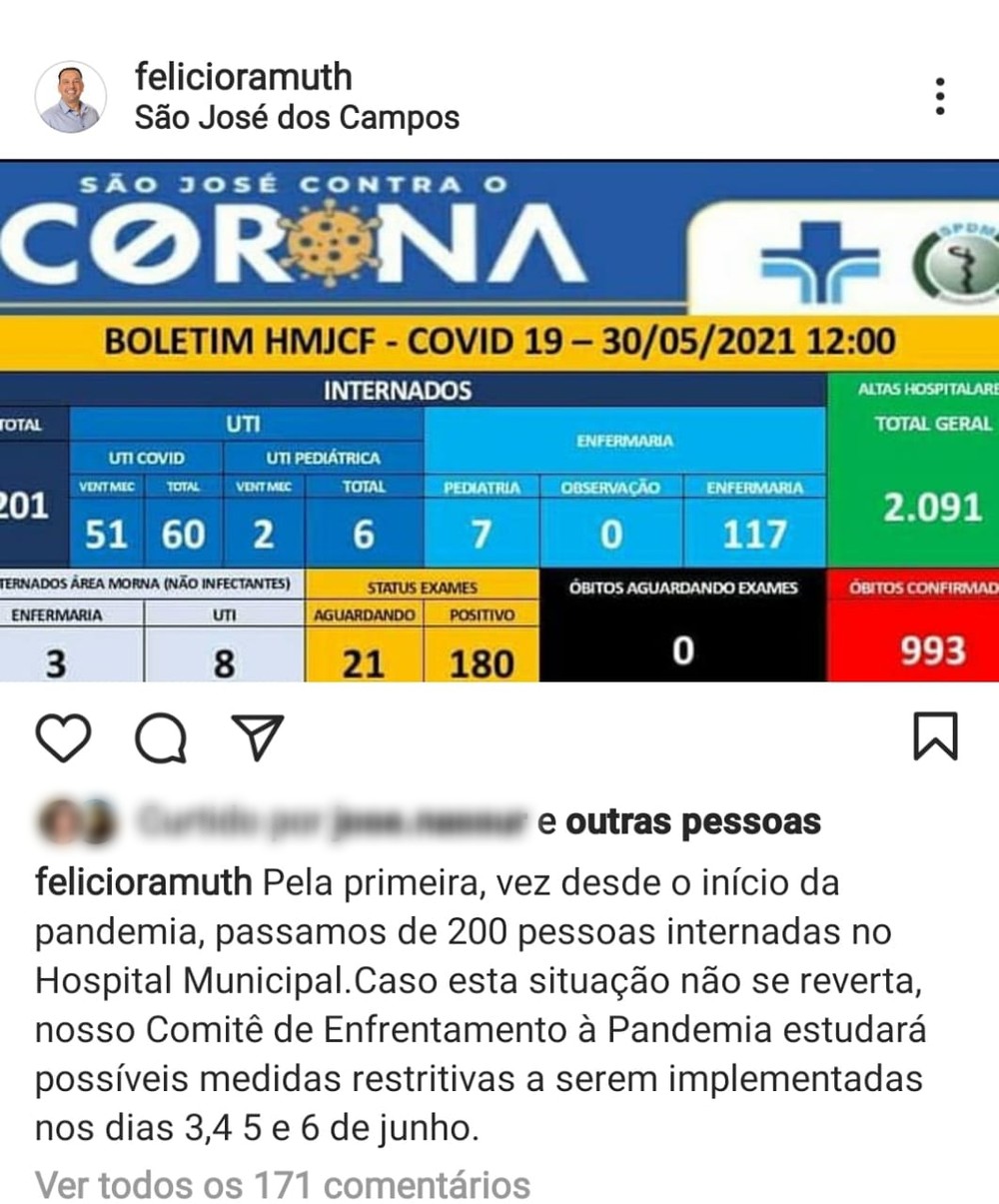 Hospital Municipal ultrapassa os 200 internados por Covid-19 e Felicio Ramuth considera medidas restritivas em São Josépassa os 200 internados por Covid-19 e Felicio Ramuth considera medidas restritivas em São José