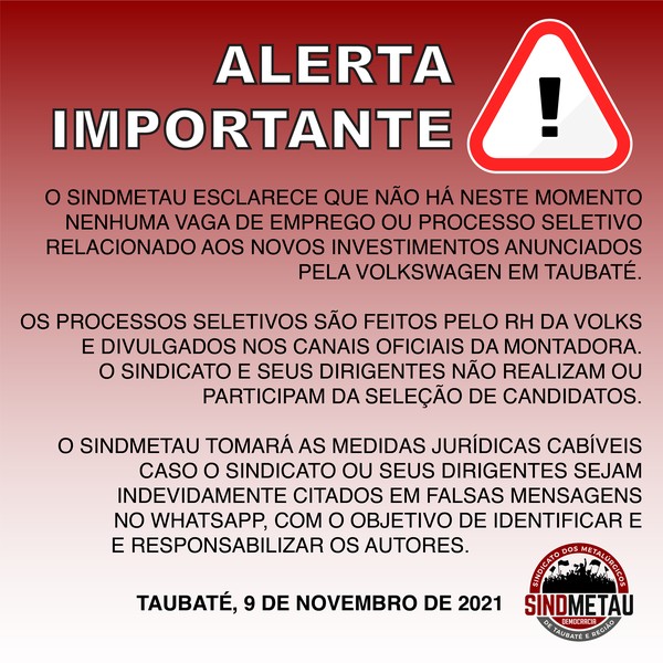 Sindicato alerta para falso golpe de emprego na fábrica da Volks em Taubaté